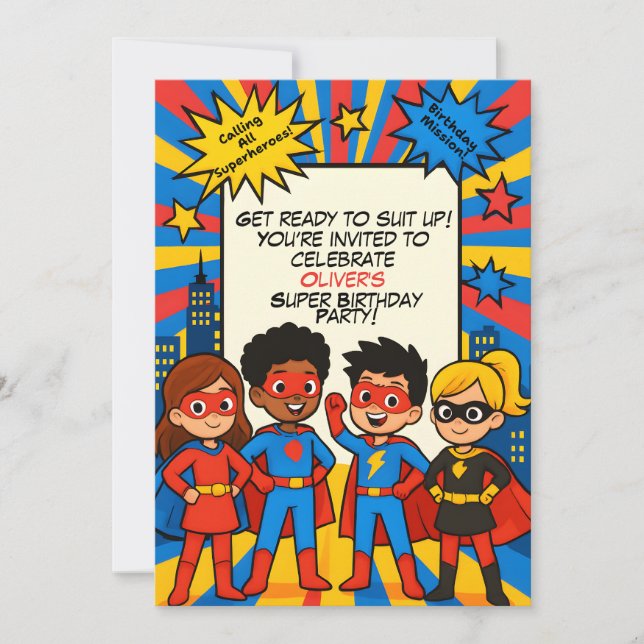 Superheroes Birthday Invitation – Custom 5x7 Card (Front)