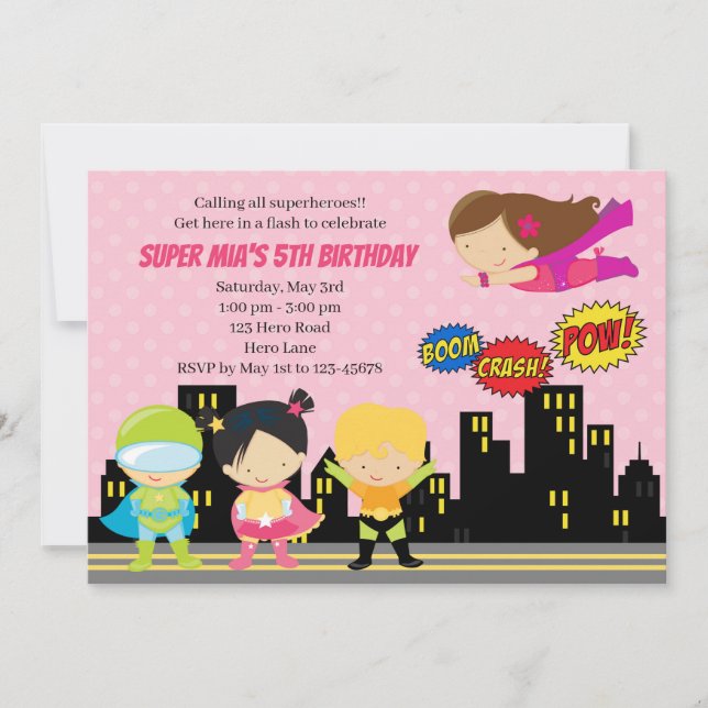 Superheroes Birthday Invitations (Cute for Girls) (Front)