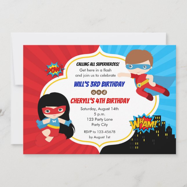 Superheroes Birthday Invitations (Twins Boy Girl) (Front)
