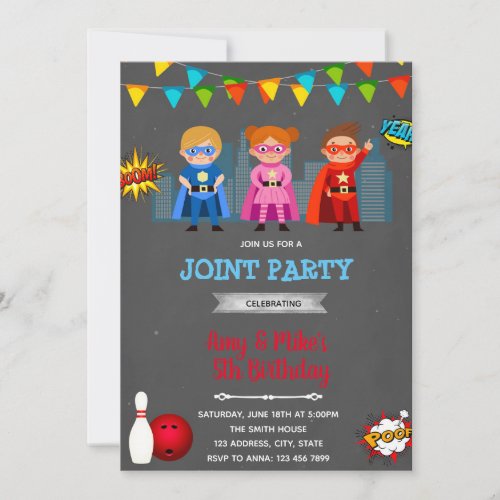 Superheroes bowling party invitation