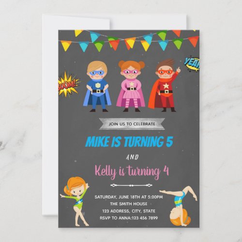 Superheroes gymnastic joint party invitation