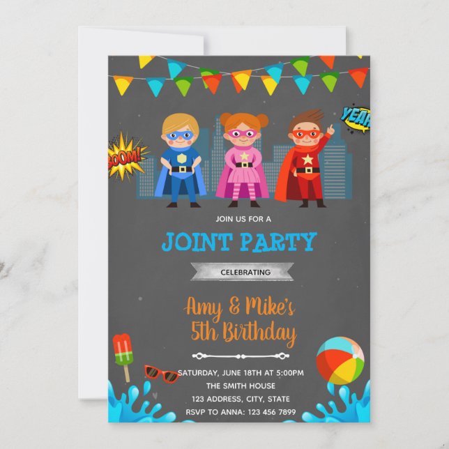 Superheroes pool party invitation (Front)