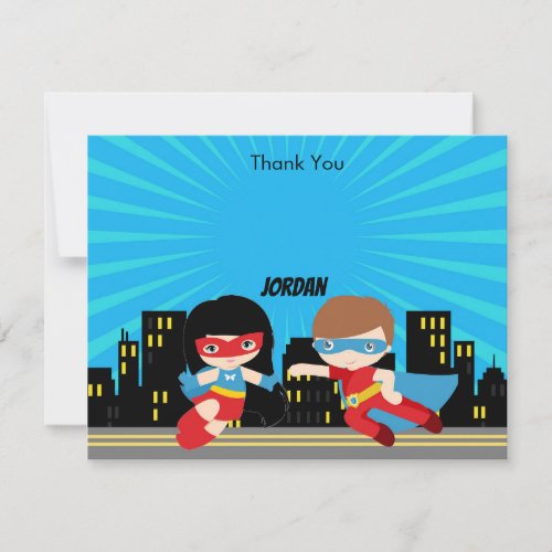 Superheroes Thank You Card Boy Girl Blue Sunburst