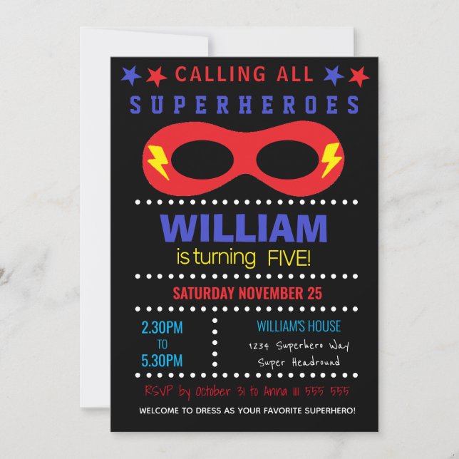 Superheros Party Happy Birthday, Black Background Invitation (Front)