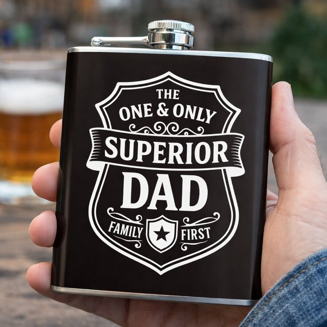 Superior Dad Family First Flask (Personalized Superior Dad Black Hip Flask - Perfect Birthday or Father's Day Gift for Him)