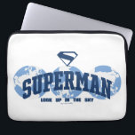 Superman Across the Globe Laptop Sleeve<br><div class="desc">Celebrate Superman’s global legacy with this bold, minimalist design that spans the world! Featuring a trio of globe silhouettes in cool shades of blue, this artwork proudly displays the Superman name arched across the center, with the classic “S” shield soaring above. The phrase “LOOK UP IN THE SKY” completes the...</div>