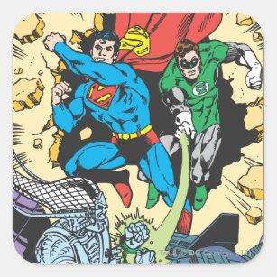 Superman & Green Lantern Fight Brainiac Square Sticker