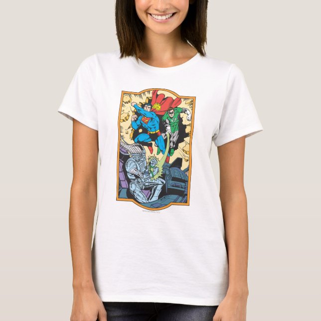 Superman & Green Lantern Fight Brainiac T-Shirt (Front)