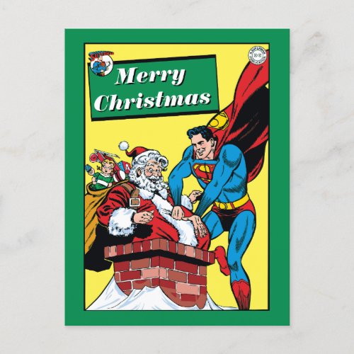 Superman Helping Santa Claus Down The Chimney Holiday Postcard