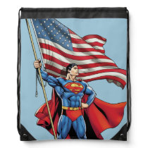 Superman Holding US Flag Drawstring Bag