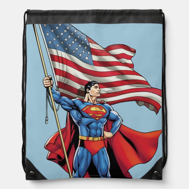 Superman Holding US Flag Drawstring Bag (Front)