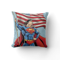 Superman Holding US Flag Throw Pillow