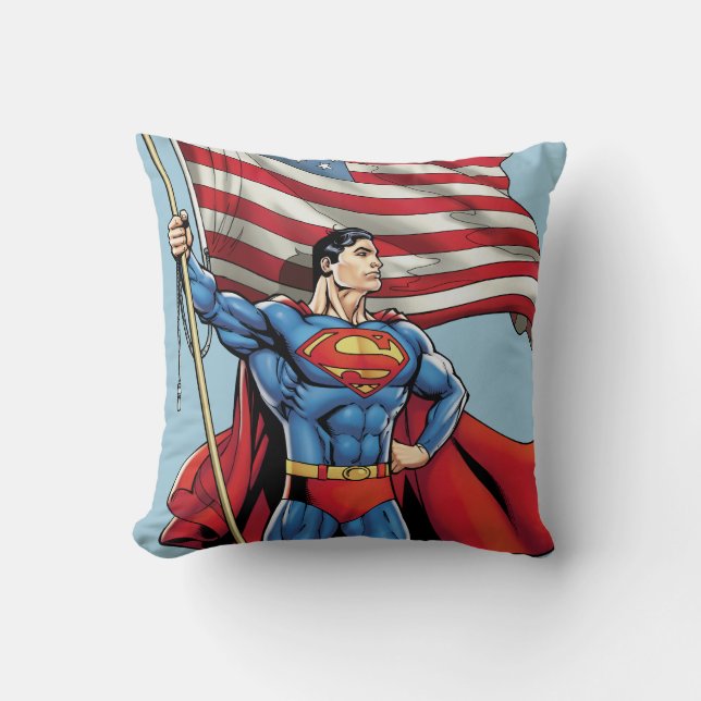 Superman Holding US Flag Throw Pillow (Front)