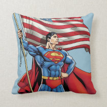 Superman Holding US Flag Throw Pillow