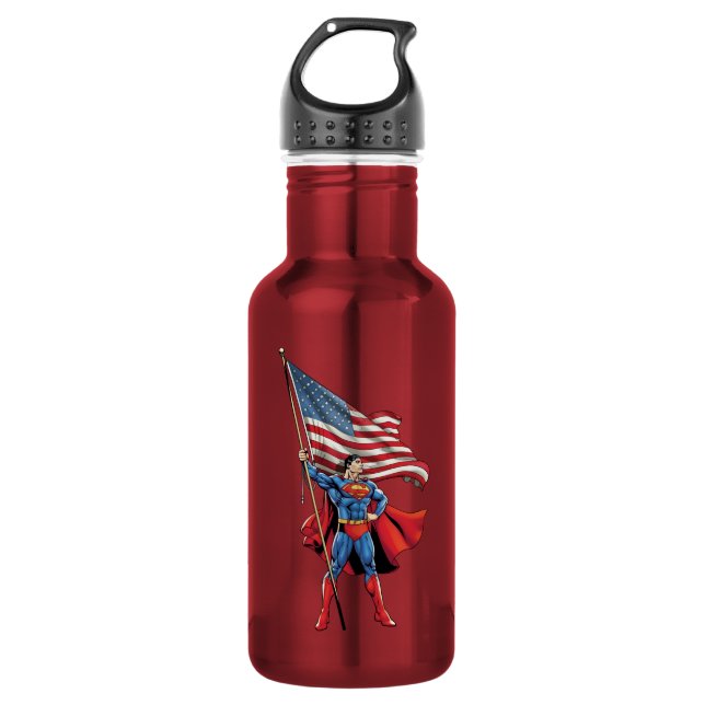 Superman Holding US Flag Water Bottle (Front)