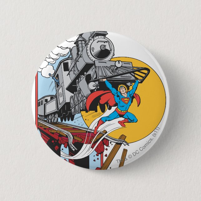 Superman Lifts Train Pinback Button (Front)