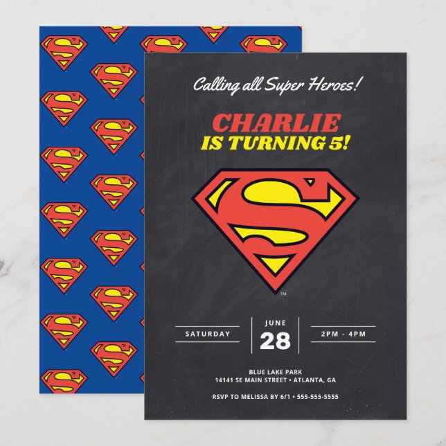 Superman Logo | Chalkboard Super Hero Birthday Invitation (Front/Back)