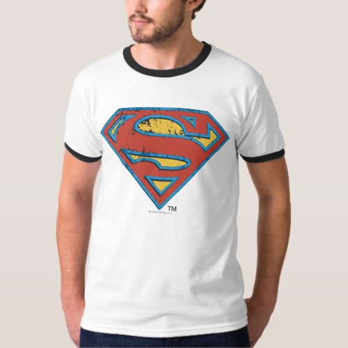 Superman S_Shield  Blue Outline Grunge Logo T_Shirt