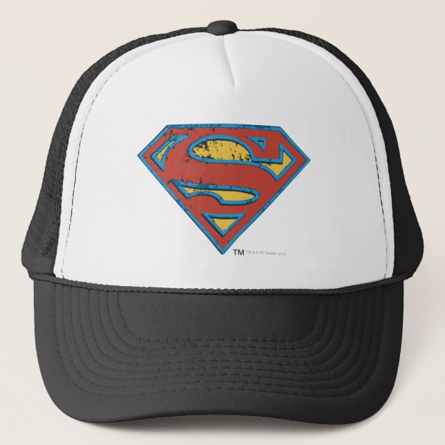 Superman S-Shield | Blue Outline Grunge Logo Trucker Hat (Front)