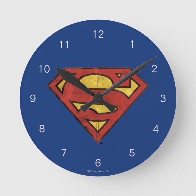 Superman S-Shield | Grunge Black Outline Logo Round Clock (Front)