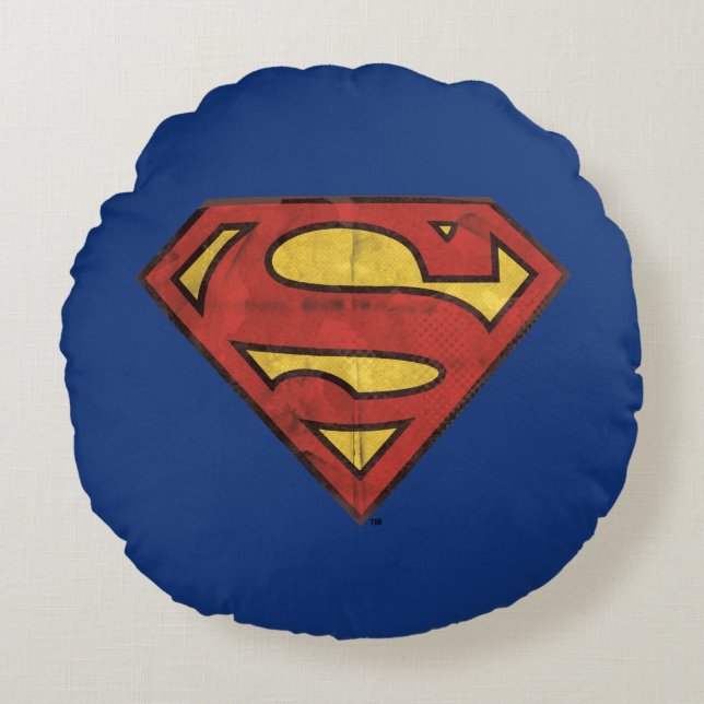 Superman S-Shield | Grunge Black Outline Logo Round Pillow (Front)