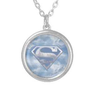 Superman S-Shield   Light Blue City Logo Silver Plated Necklace
