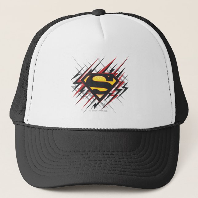 Superman Stylized | Black and Red Strikes Logo Trucker Hat (Front)
