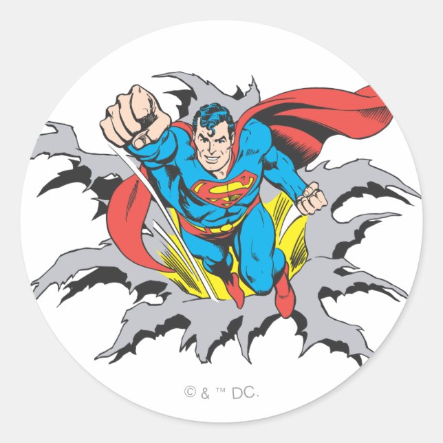 Superman Tears Thru Classic Round Sticker (Front)