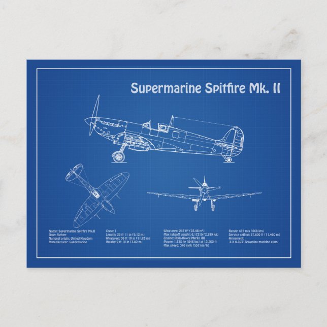 Supermarine Spitfire - Airplane Blueprint AD Postcard (Front)