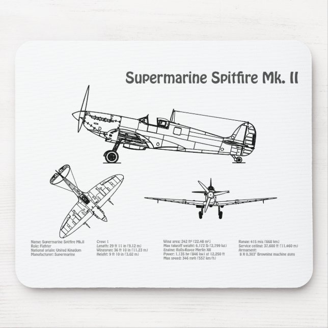 Supermarine Spitfire - Airplane Blueprint BD Mouse Pad (Front)