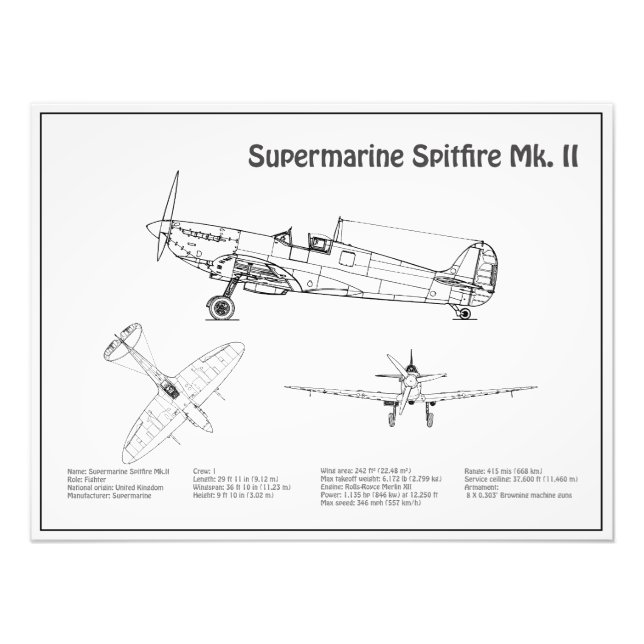 Supermarine Spitfire - Airplane Blueprint BD Photo Print (Front)