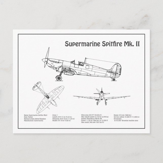 Supermarine Spitfire - Airplane Blueprint BD Postcard (Front)