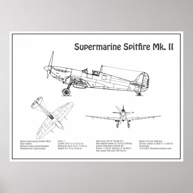 Supermarine Spitfire - Airplane Blueprint BD Poster (Front)
