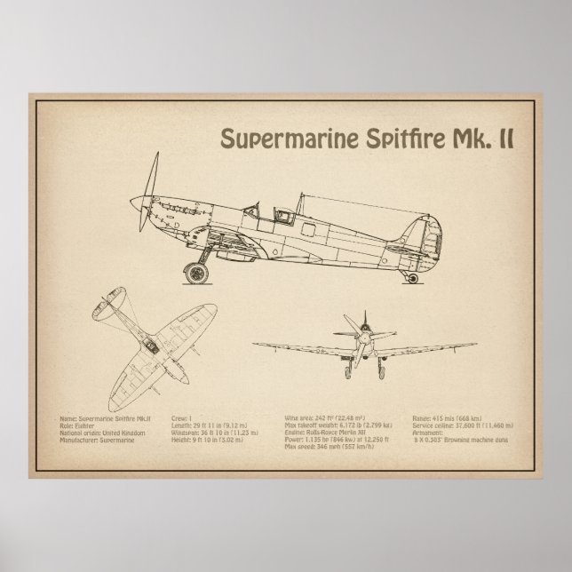 Supermarine Spitfire - Airplane Blueprint SD Poster (Front)
