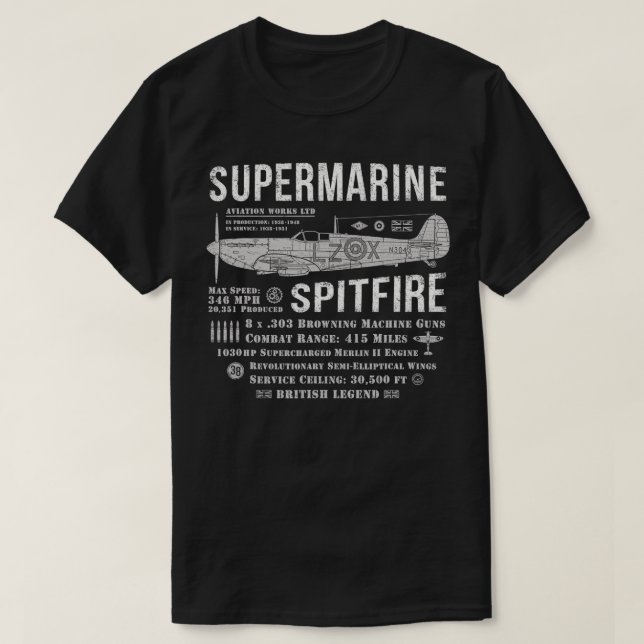 Supermarine Spitfire British RAF Fighter Plane WWI T-Shirt (Design Front)