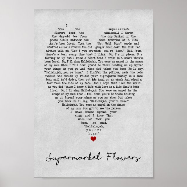 Supermarket Flowers Gray Heart Song Lyric Print (Front)
