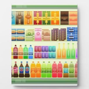supermarket shelf products snacks plaque