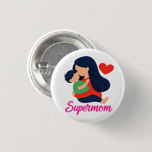 Supermom Cute Mother and Child Pin Button