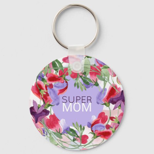 Supermom Watercolor Flowers Mothers Day Keychain