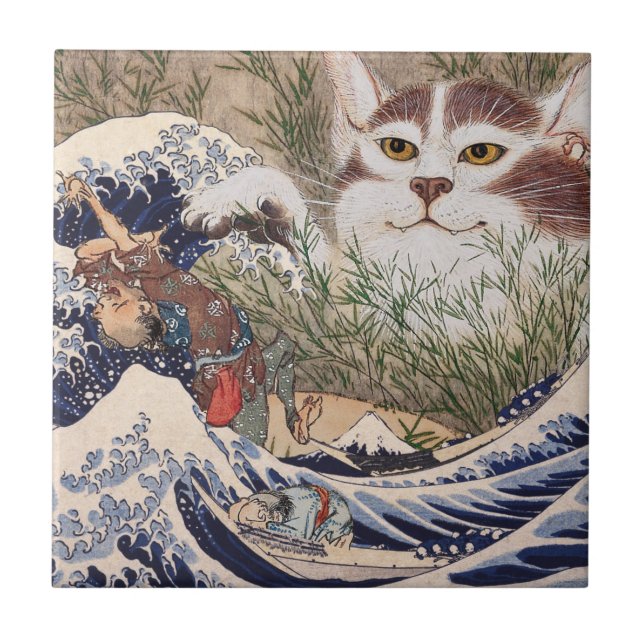 Supernatural Cat at the Great Wave Ceramic Tile (Front)