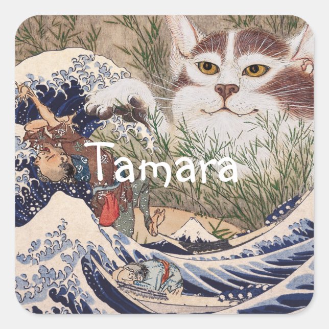 Supernatural Cat at the Great Wave Square Sticker (Front)