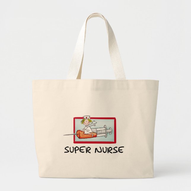 supernurse - Humorous Cartoon Nurse on Syringe. Large Tote Bag (Front)
