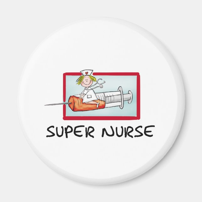 supernurse - Humorous Cartoon Nurse on Syringe. Magnet (Front)