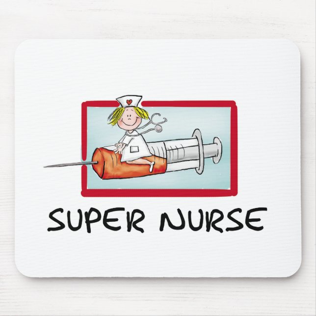 supernurse - Humorous Cartoon Nurse on Syringe. Mouse Pad (Front)