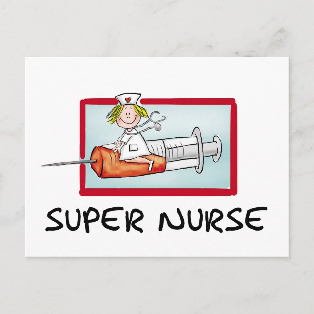 supernurse - Humorous Cartoon Nurse on Syringe. Postcard (Front)