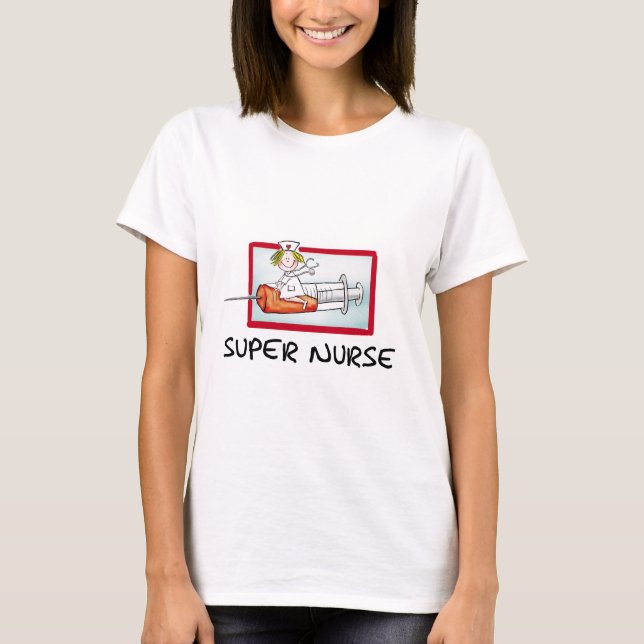 supernurse - Humorous Cartoon Nurse on Syringe. T-Shirt (Front)