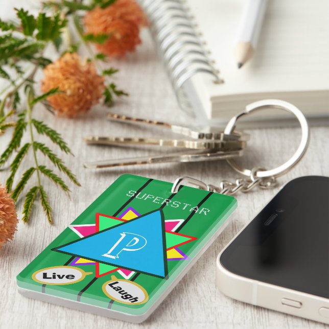 Superstar Cartoon Love Monogram Blue Green Keychain (Front Right)