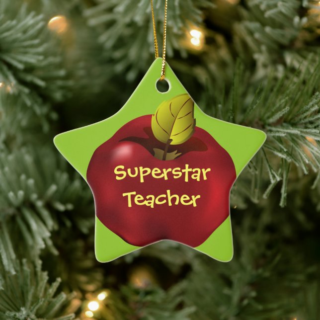 Superstar Teacher Red Apple Christmas Ceramic Ornament (Tree)