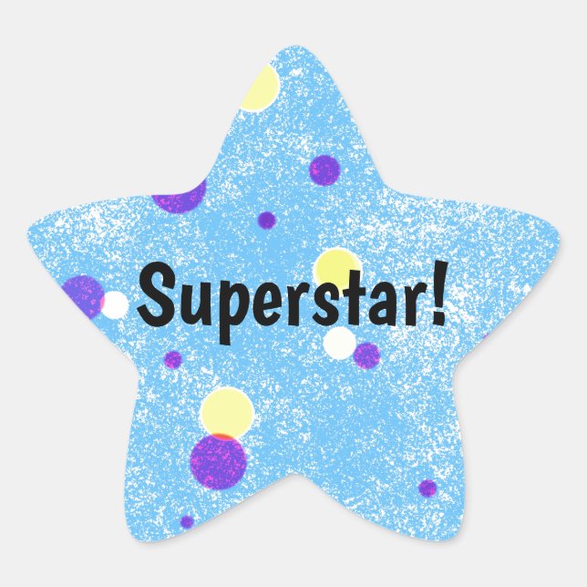 Superstar! Yellow and Purple Dots on Blue Star Sticker (Front)