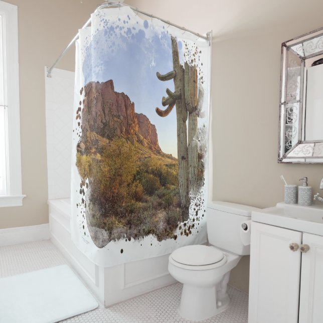 Superstition Mountain Evening Light Saguaro Cactus Shower Curtain (In Situ)